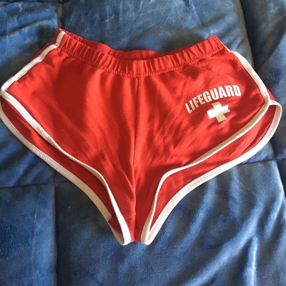 Red and white lifeguard shorts.